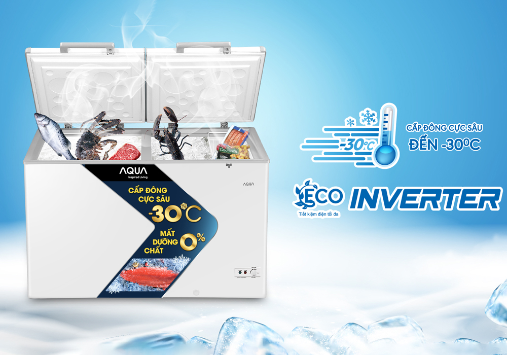 Tủ đông Aqua với chức năng tiết kiệm năng lượng Inverter và khả năng khoá chặt cửa tủ đông